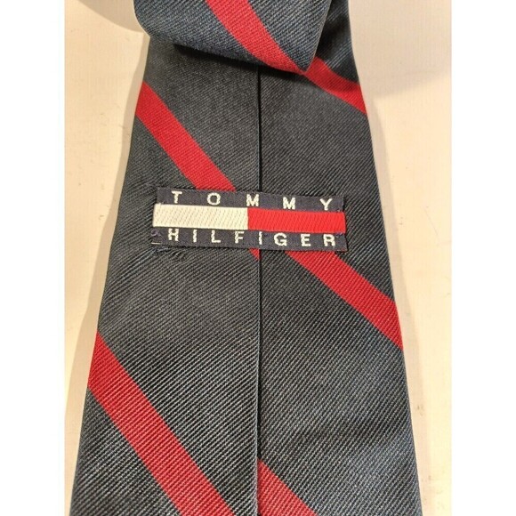 Tommy Hilfiger Tie Striped Blue Red 57 Inches Italian Silk Vintage - Picture 3 of 6